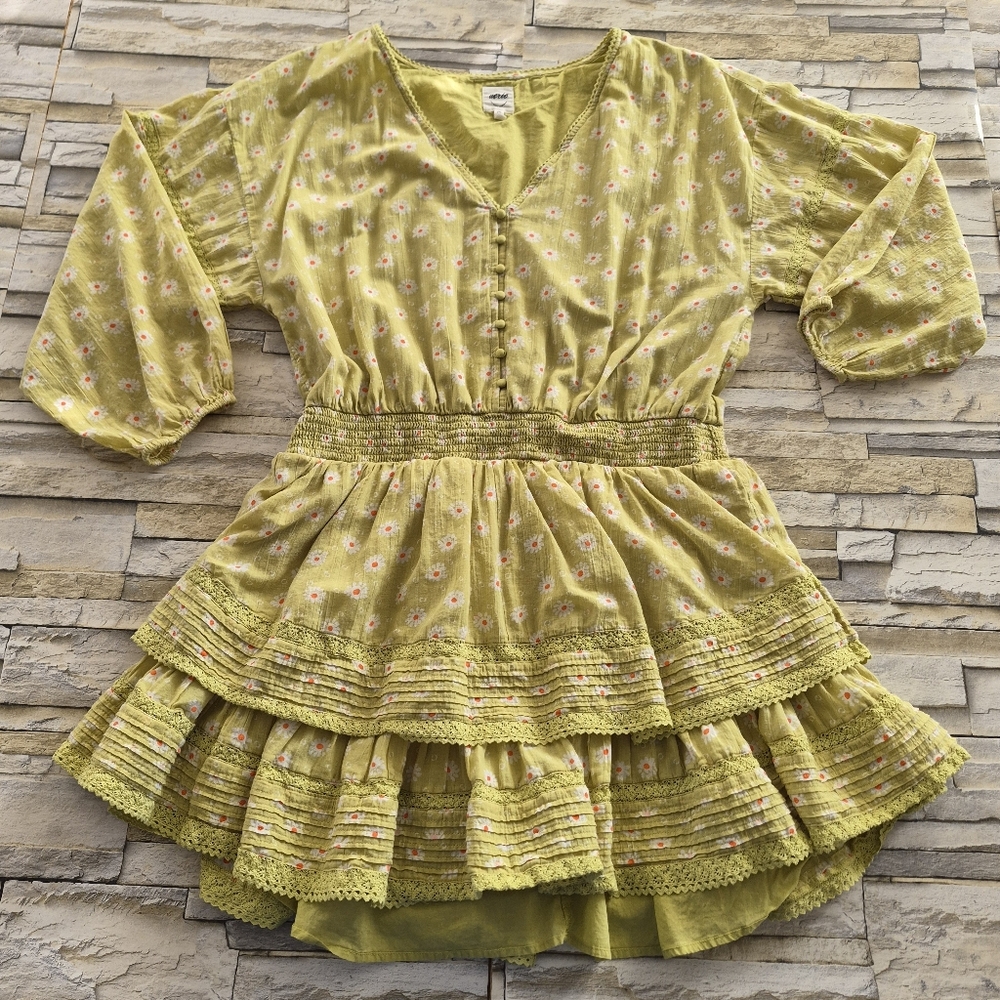 ​Aerie Mini Dress Women XXL Green Floral Button Front Boho Cottagecore Feminine